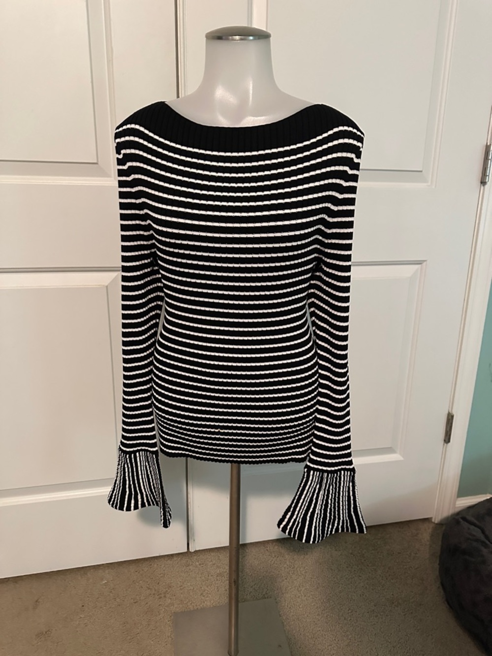 White House Black Market Black and White Striped Knit Bell Sleeve Top